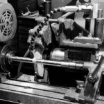 Black and white workshop photo Cylindrical grinding